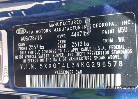 2019 Kia Optima Lx z USA, uszkodzony, nr VIN 5XXGT4L34KG296578